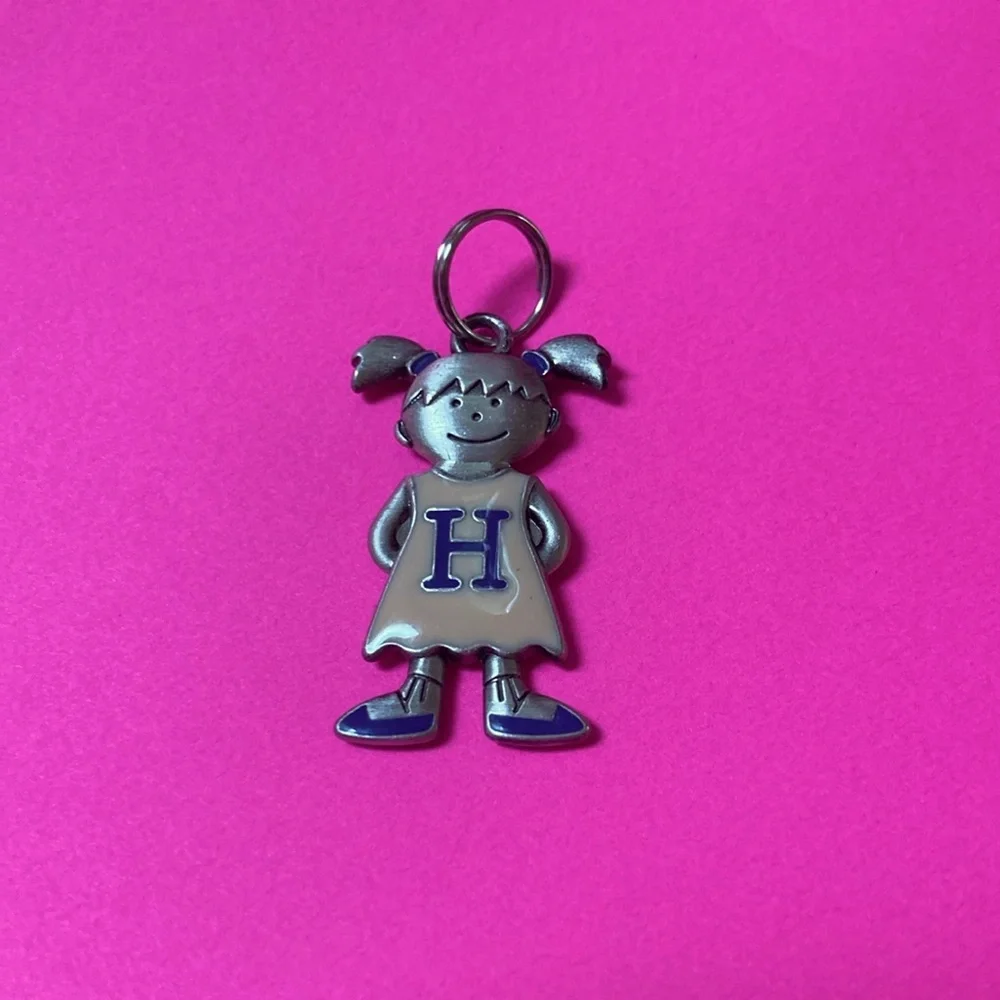 Pewter and pink painted pigtailed girl H pendant for necklace or keychain EUC